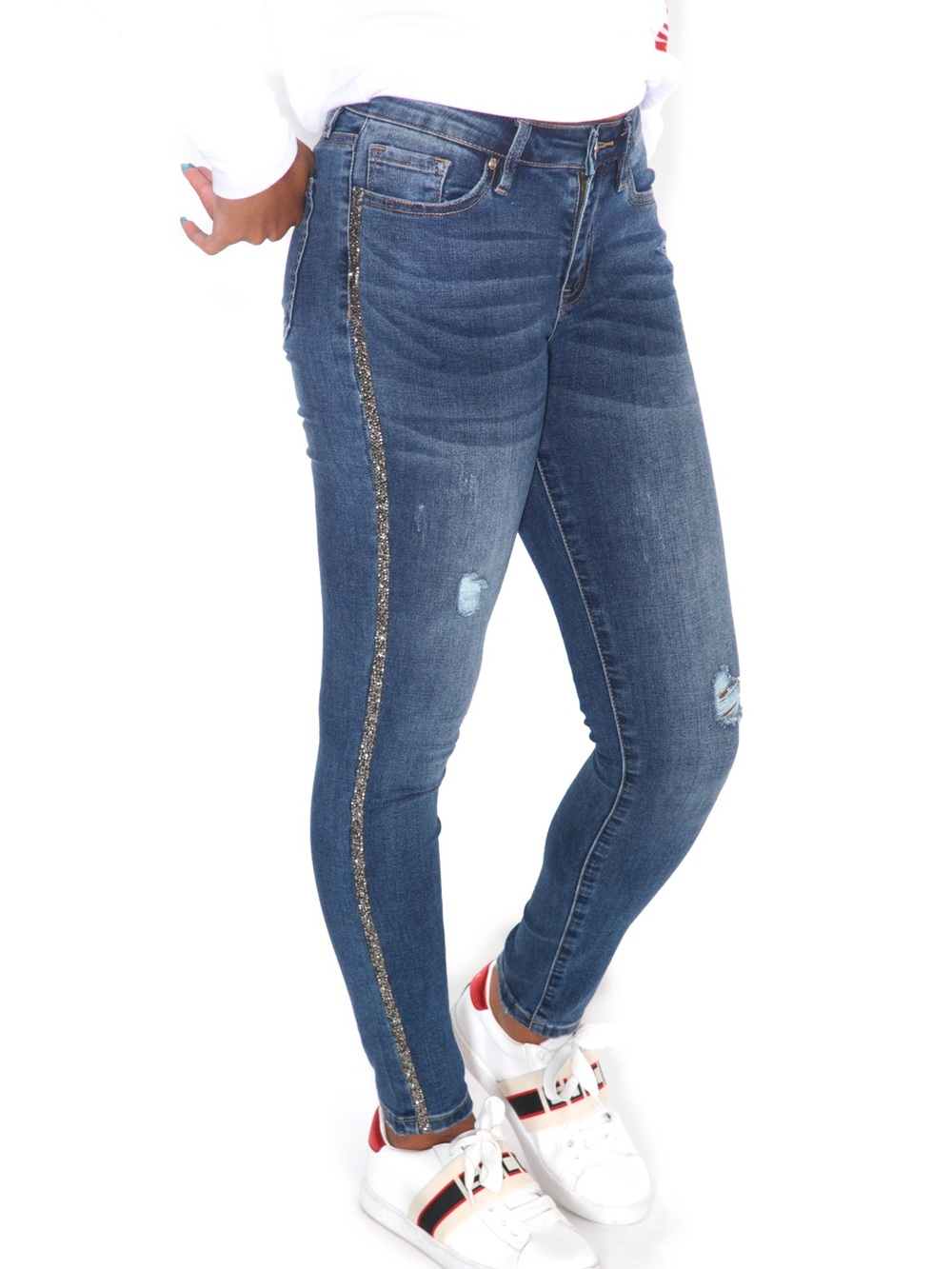 Blue Stretch Skinny Jeans with Side Crystal Stripe